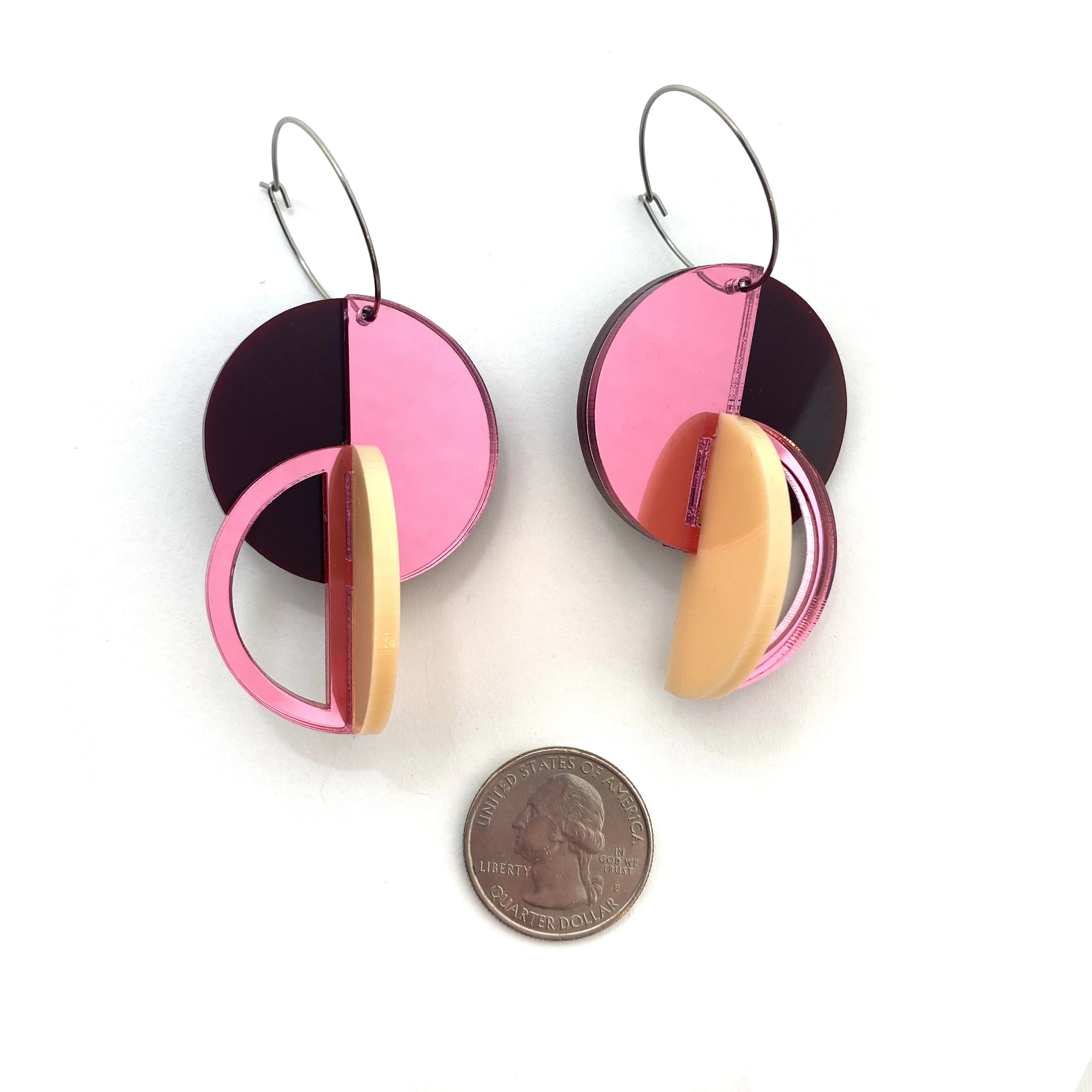 Three Dimensional Peach, Maroon & Pink Mirror Earrings