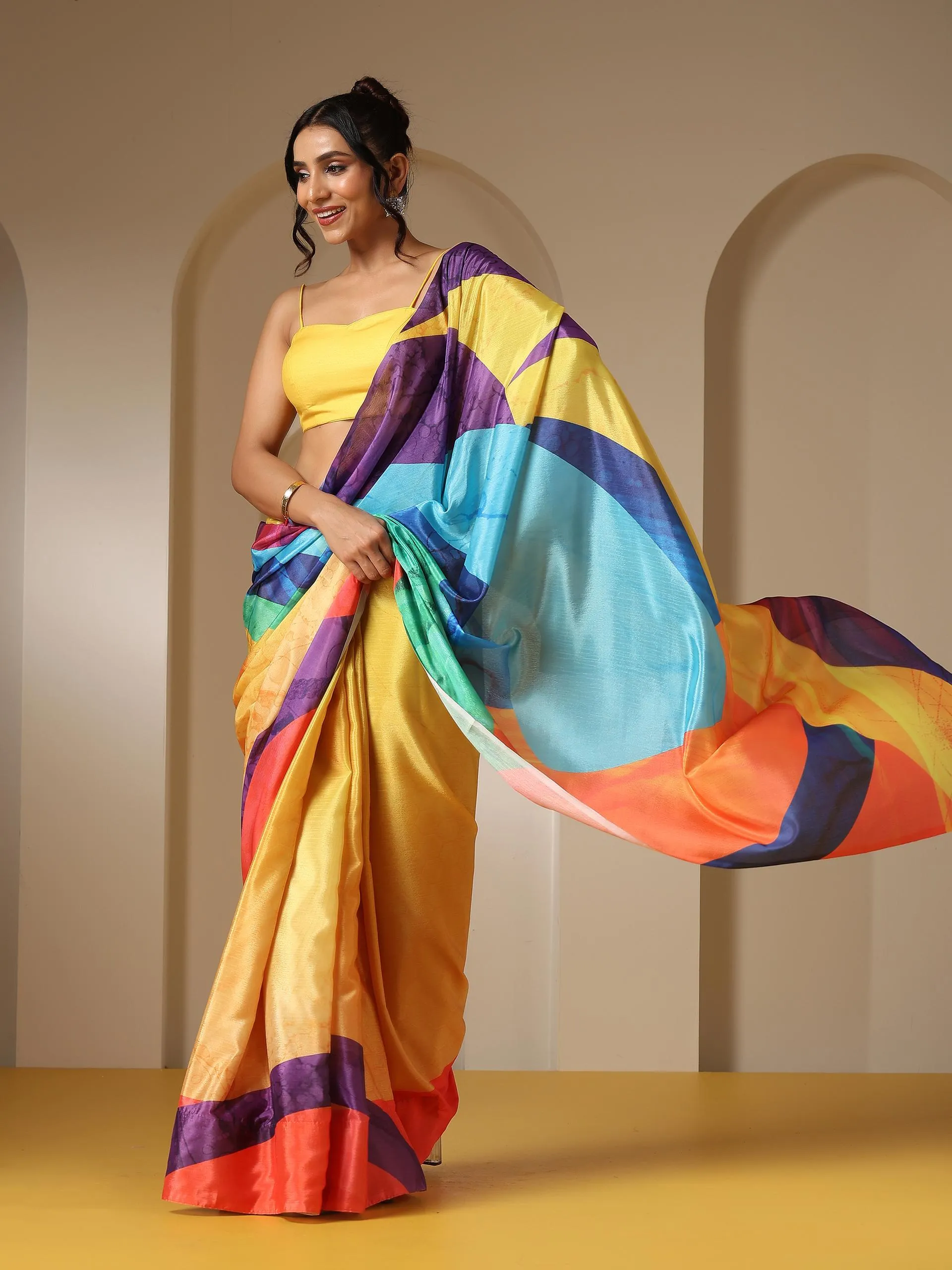 Vibgyor Triangle Print Saree with Blouse Fabric