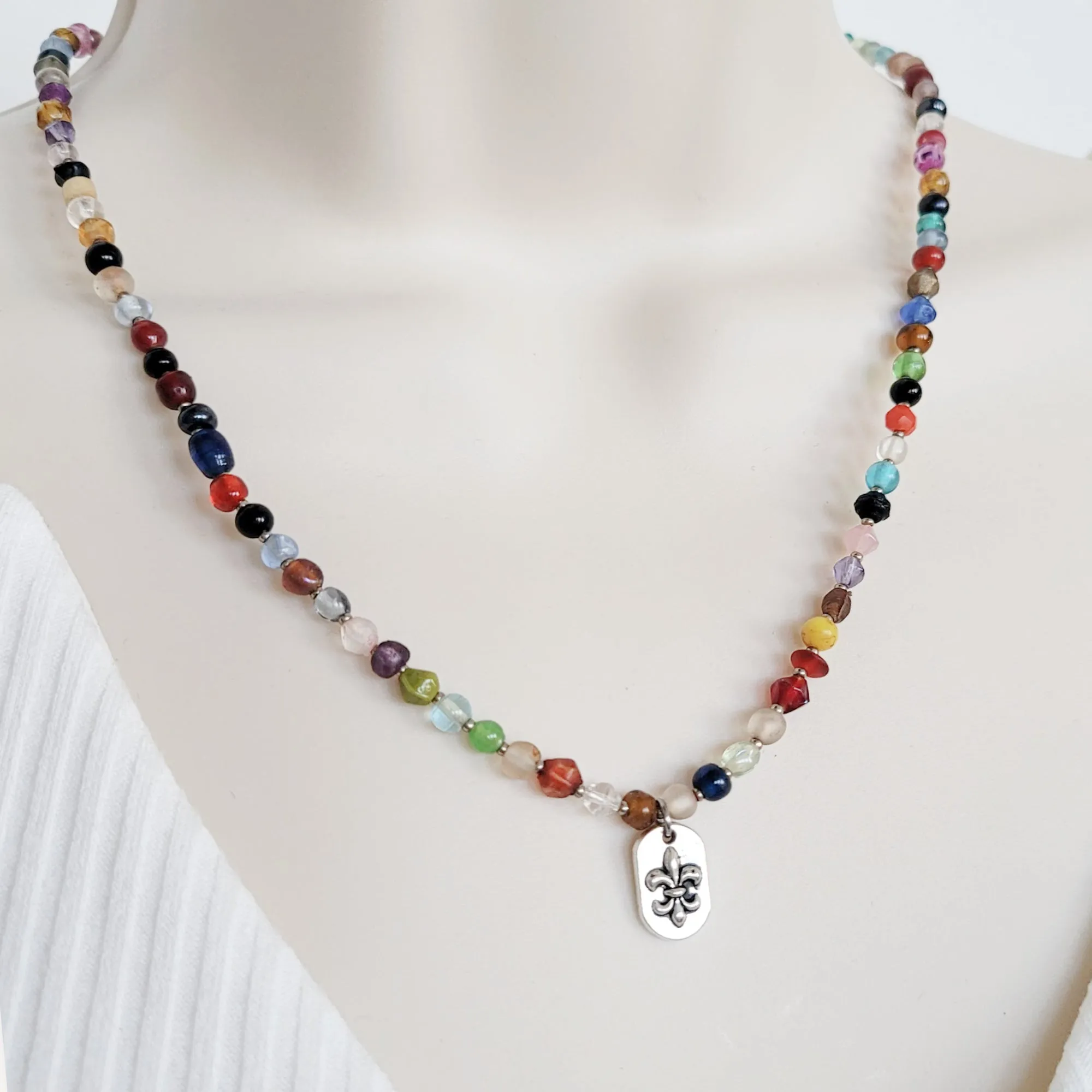 Vintage Mardi Gras Bead Necklace with Fleur de Lis Charm