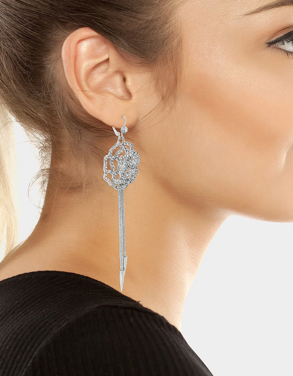 WESTERN GLAM PAVE ROSE LINEAR EARRINGS CRYSTAL